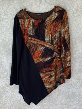 Verducci Women's Medium Black & Brown Abstract Print Asymmetric Top